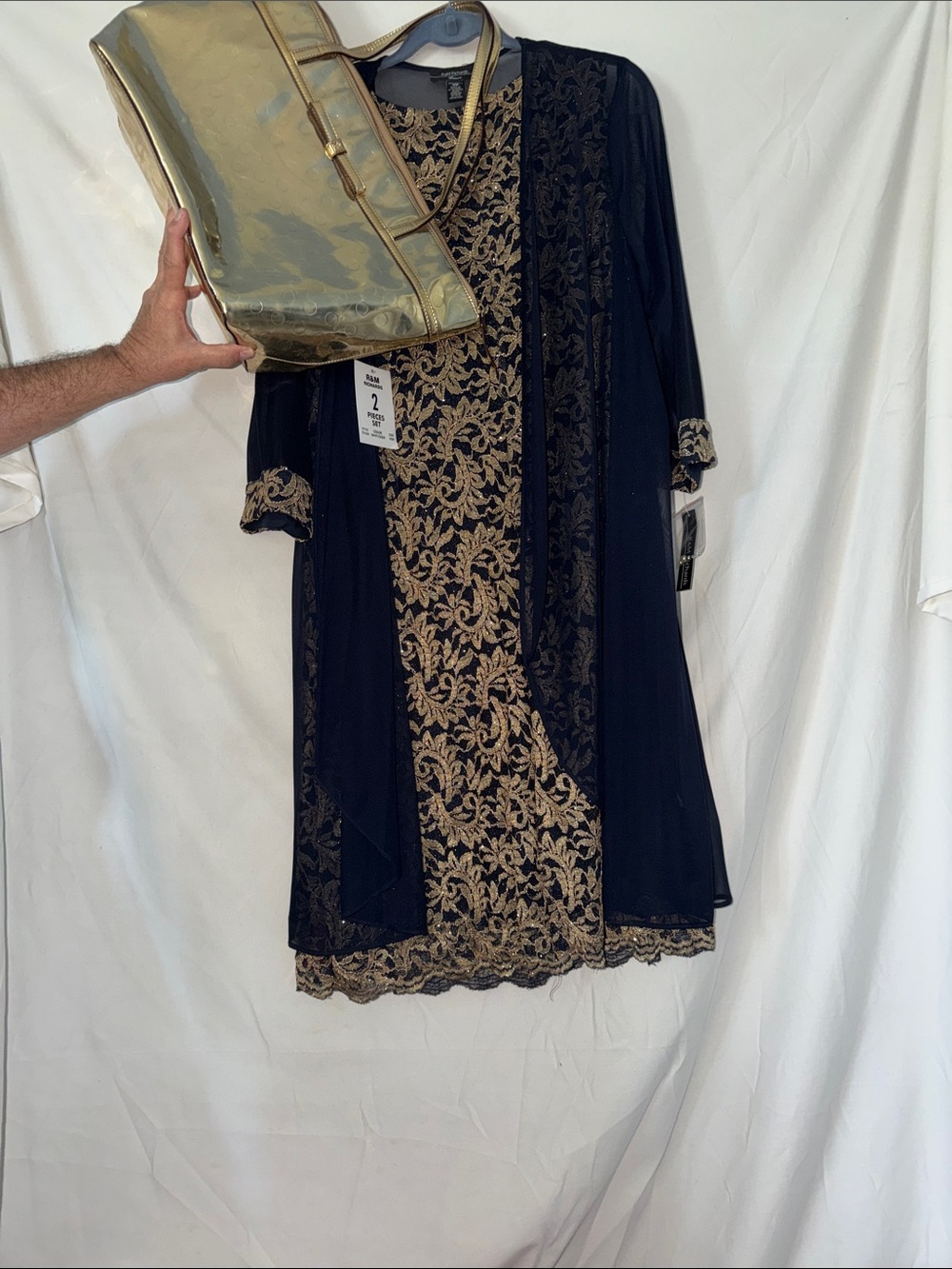R&M Richards Navy and Gold Embroidered blingy dress with topper